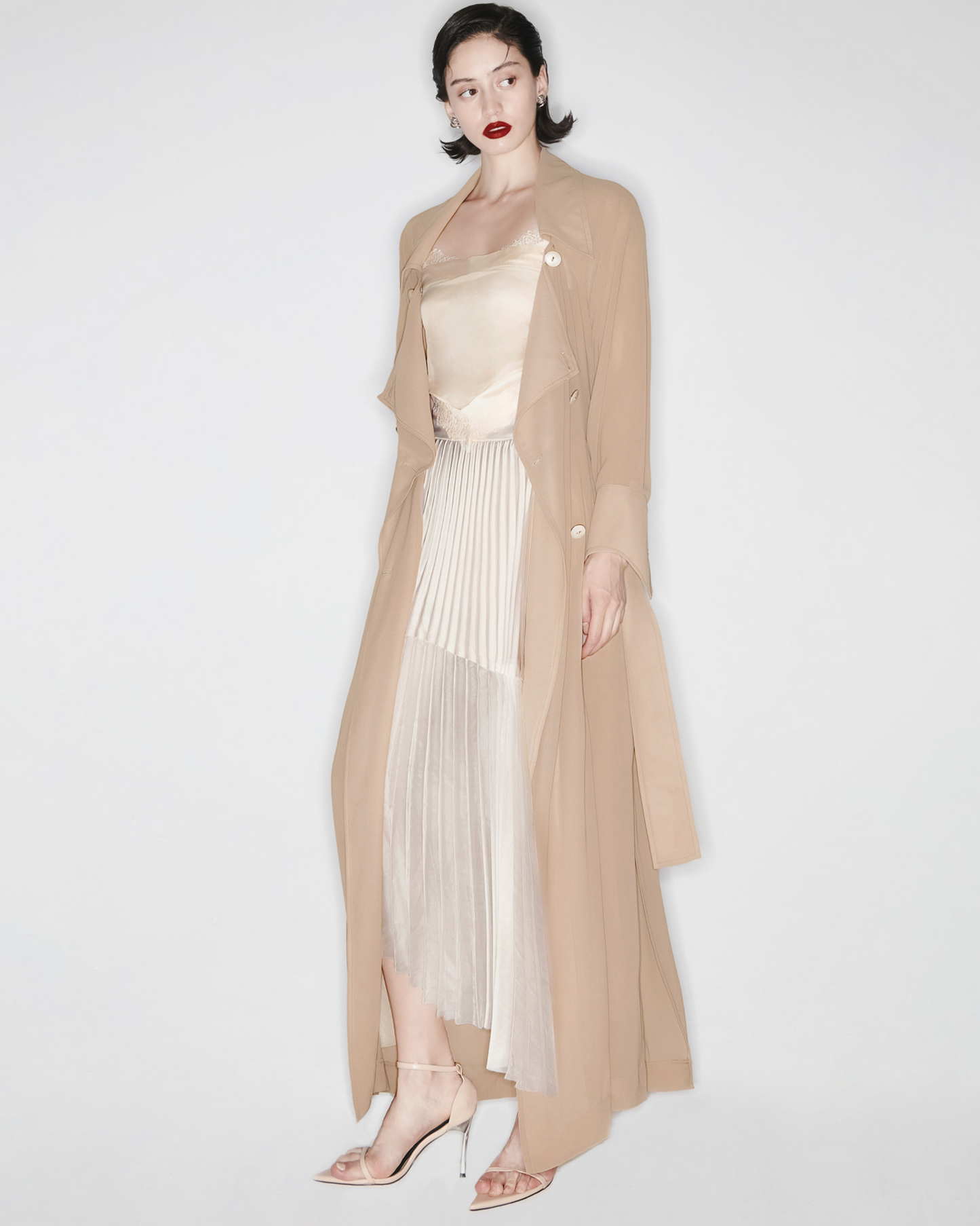 Beige Layer Pleated Midi Skirt