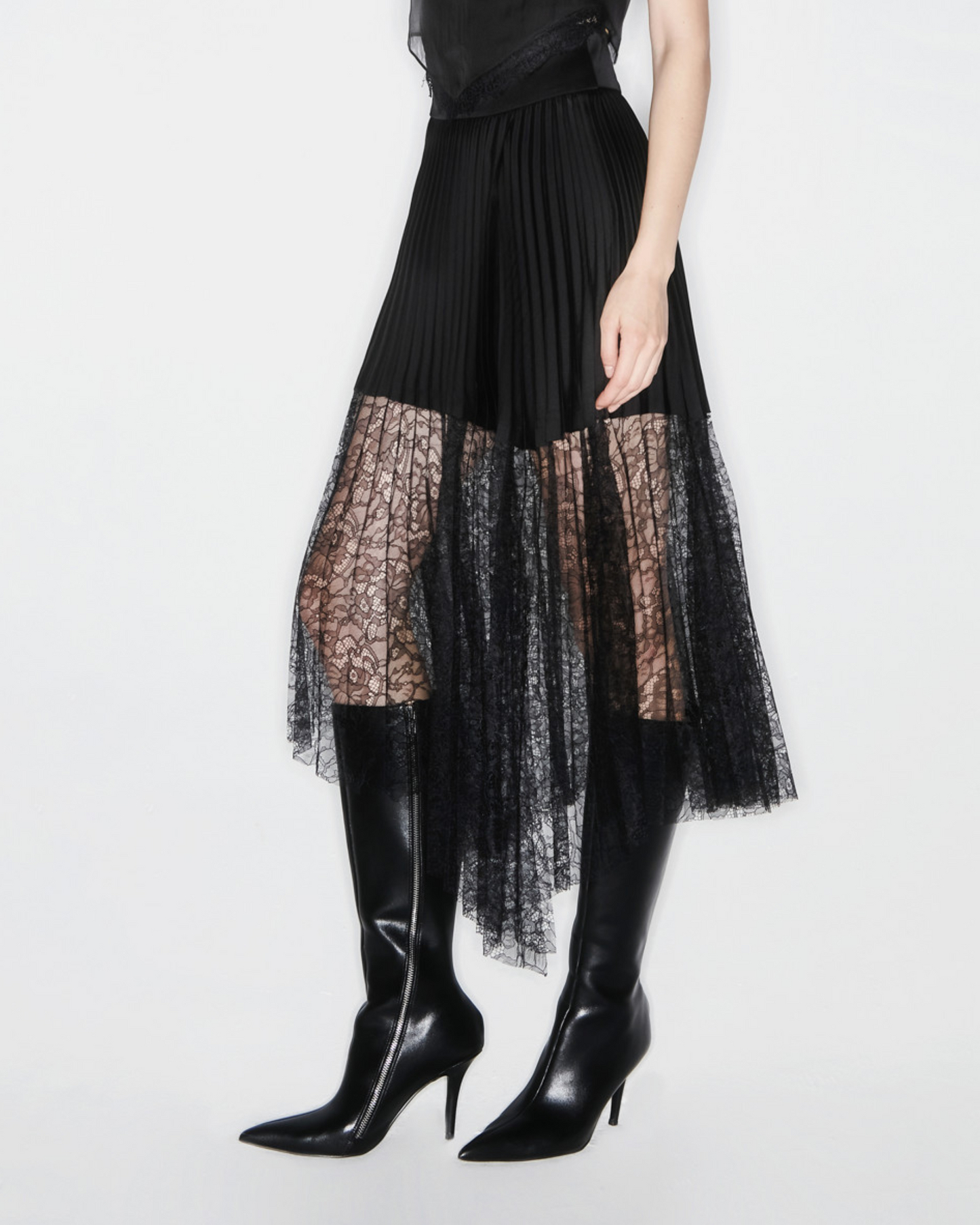 Black Pleated Lace Midi Skirt