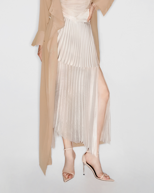 Beige Layer Pleated Midi Skirt